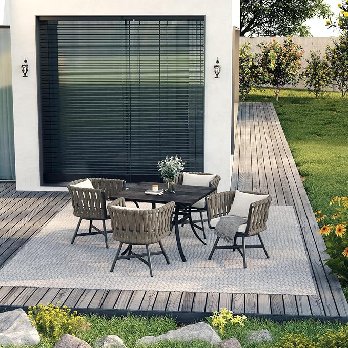 Grand patio 5-Piece Outdoor Dining Set for 4, Patio Dining Furniture Set for 4 Swivel Rope Wicker Chairs & 1 Square Dining Faux Woodgrain Table with Umbrella Hole, Light Gray Brown