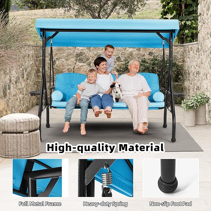 HOMREST 3 Seat Outdoor Porch Swing with Adjustable Canopy, Convertible Patio Swing Bed with Stand, Patio Glider Swing with Upgraded Cup Holder, Thicken Cushions ＆ Pillow for Backyard（Sky Blue）