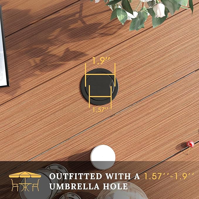 VICLLAX 50" Outdoor Round Patio Table with Umbrella Hole, All Weather Metal Round Outdoor Dining Table for Lawn Garden, 6-8 Person Table, Walnut Wood Grain