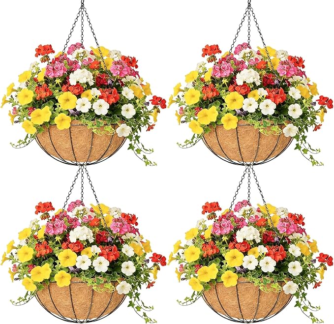 4 Pack 14 Inch Hanging Baskets for Plants Outdoor Metal Hanging Planter Hanging Flower Baskets with Coco Fiber Liners Chain Round Wire Plant Holder Hanging Flower Pots(Watermelon)
