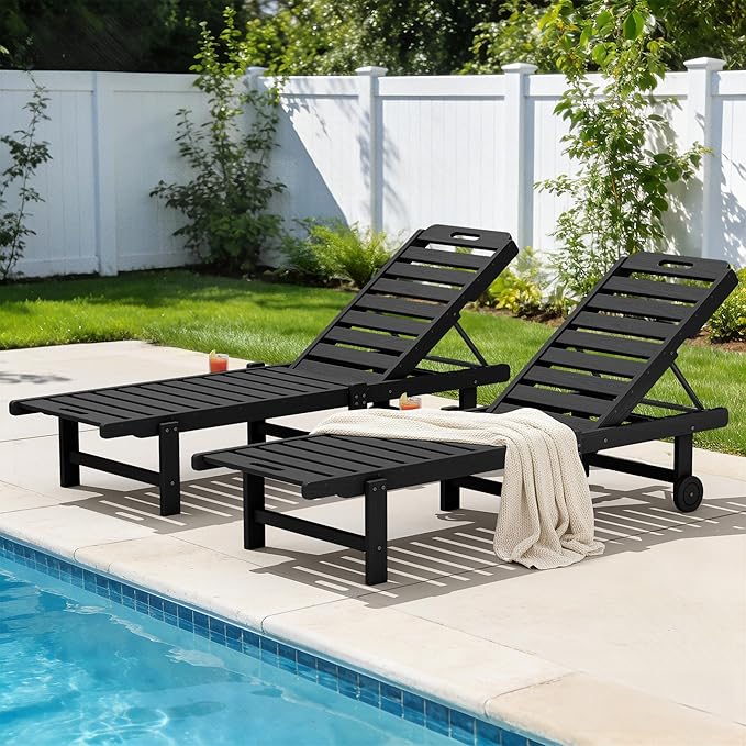 SERWALL Outdoor Chaise Lounge Set of 2, All-Weather HDPE Pool Lounge Chairs with 5-Position Adjustable Reclining Backrest, Rolling Wheels & Cup Holder for Poolside, Black