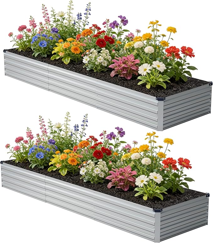 12x2x1 ft(2 Pack) Galvanized Raised Garden Bed,Outdoor Planter Box Metal Patio Kit Planting Bed for Vegetables Flowers and Succulents,Silver