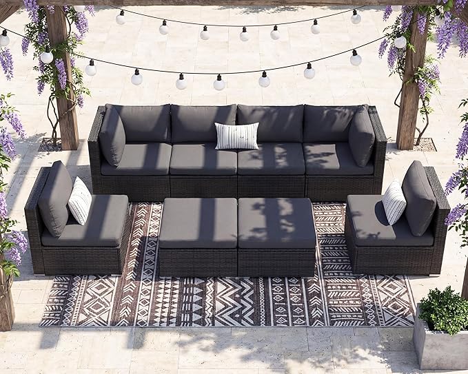 NICESOUL 8 Seater Modern Luxury Outdoor Furniture Set, Extra Large PE Wicker Patio Modular Sectional Sofa with Ottoman, 29.3'' High Back L-Shaped All-Weather Conversations, Deep Seated Grey Color