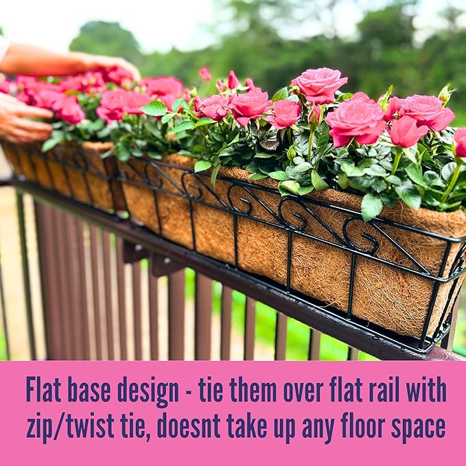LaLaGreen Wall Mounted Planters - 30 Inch, 4 Pack Window Flower Boxes Basket Outdoor, Balcony Planter Over The Rail, Deck Railing Hanging with Coco Liners, Metal Horse Troughs Fence Patio Porch
