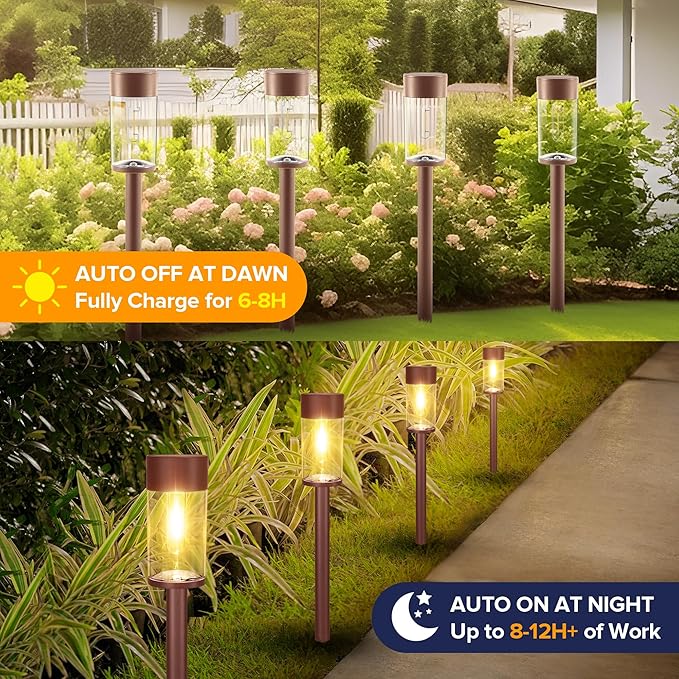 UME 8 Pack Solar Pathway Lights Outdoor, Bright Solar Garden Lights with Metal Design–IP65 Waterproof, Auto On/Off, 3000K LED Landscape Lighting for Yard, Lawn, Walkway, Driveway, Patio Decor