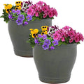 Sunnydaze Round Ceramic Planter - Set of 2 Indoor or Outdoor Plant Pots with Drainage Hole - Studio - 11" - Gray Glaze