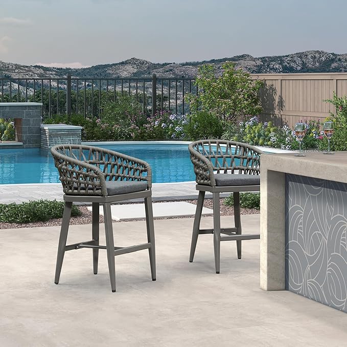 PURPLE LEAF Outdoor Rattan 24" Counter Height Bar Stools Chair Set of 2, Modern Patio Wicker Barstool with Backrest for Indoor and Outdoor, Kitchen Island, Smoke Grey