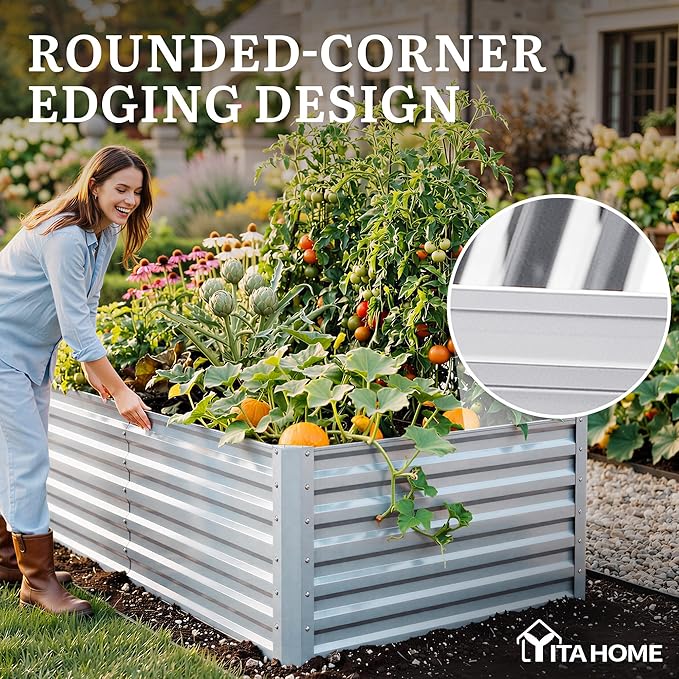 YITAHOME 6x3x2ft 2pcs Large Raised Garden Bed Kit, Galvanized Metal Planter Box with Gloves, Ground Nails, Support Rod, Outdoor Above Ground Planters for Plants Vegetables Flowers, Silver