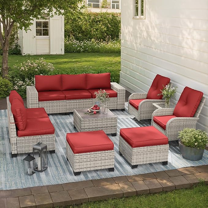 11-Piece Outdoor Patio Furniture Set with Rocking Swivel Chair Wicker Sectional Sofa Set, Patio Conversation Set with Ottomans & Coffee Table for Garden, Backyard, Poolside, Red