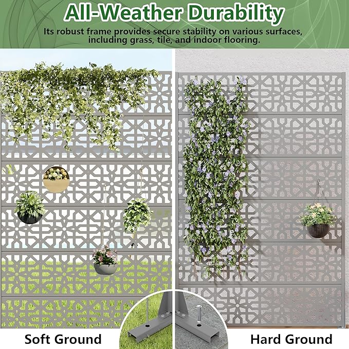 Casaphoria Metal Privacy Screen Outdoor, 72" H x 47" W Freestanding Decorative Privacy Screen for Patio Deck Balcony Garden with Stable Base, Grey-Perilla