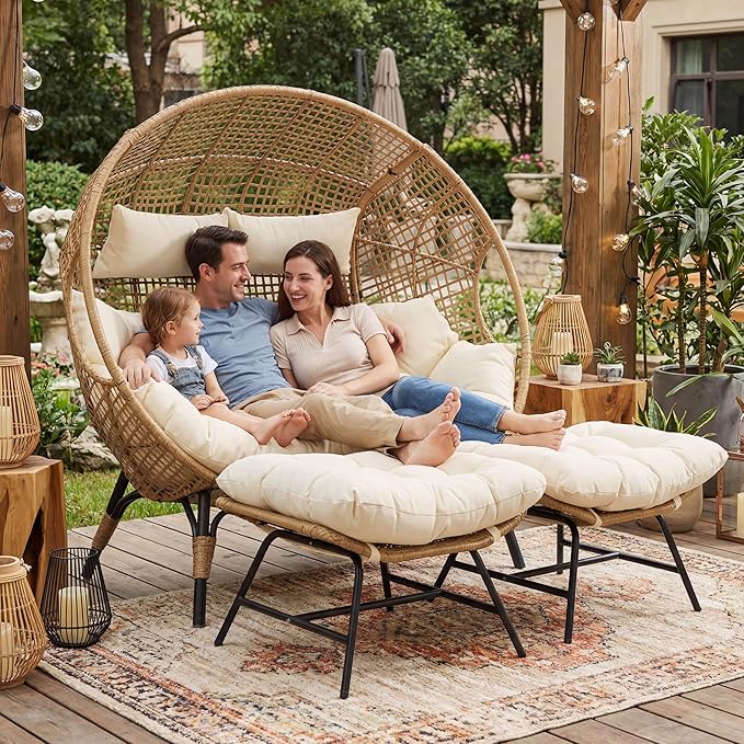 NICESOUL Indoor Outdoor Double Egg Chair with Ottoman Padded Cushions, 57.1" Plus Size XL Wicker Lounge Chair Deep Seating with Footrests, 2 Person Loveseat for Patio Porch Balcony Cream Beige