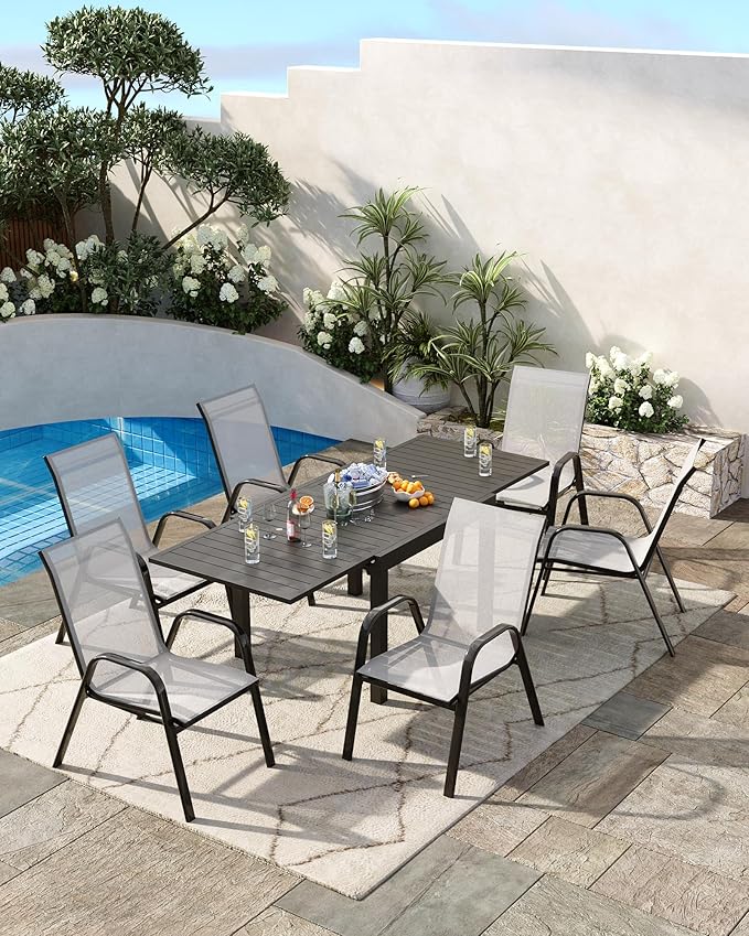Outdoor Stackable Dining Chairs Set of 4, High-Back Patio Stacking Chairs, Patio Chairs with Textilene Farbic & Metal Frame for Lawn Backyard Deck Garden,Grey