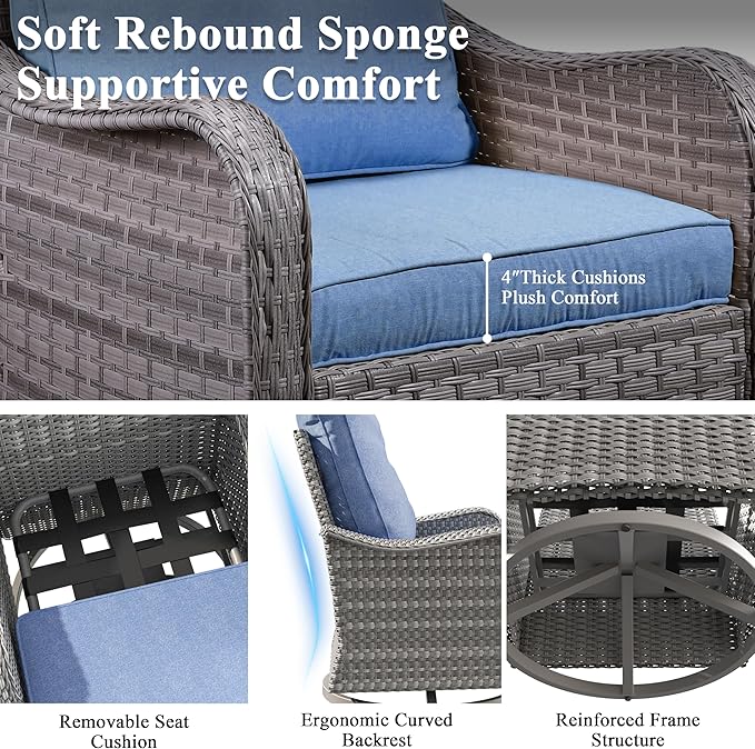 2-Seat Modern Patio Furniture Set with Swivel Rocking Chairs, Thick 4″ Cushions, Dual-Strand Wicker Rattan, Rust-Resistant Steel Frame – Outdoor Conversation & Modular Sectional,Navy