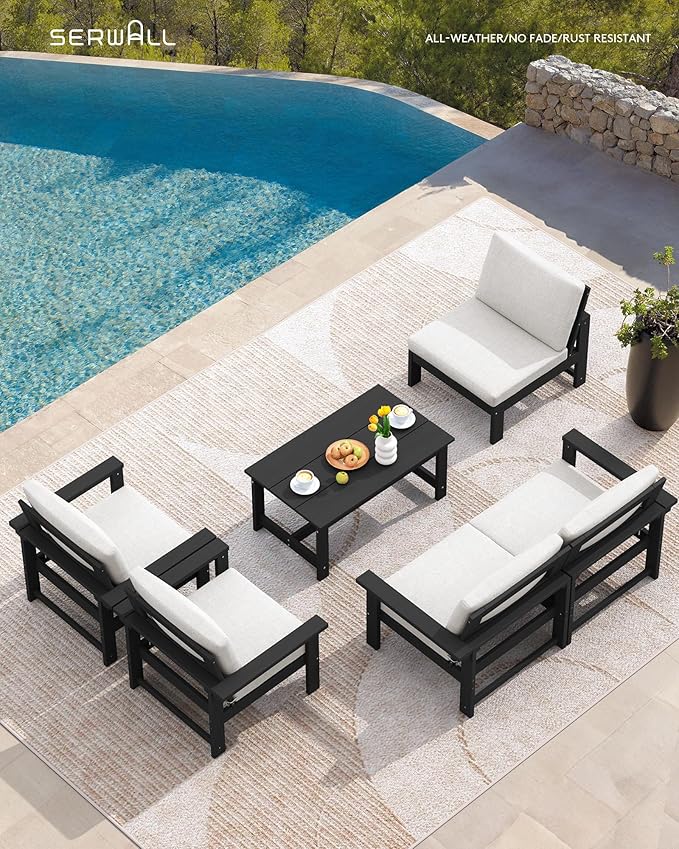 SERWALL HDPE Patio Conversation Set, 6-piece Sectional Outdoor Furniture Set, All Weather Outdoor Couch Set Patio Furniture Set for Deck, Lawn, Black Frame with Khaki Cushion