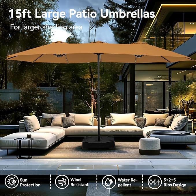 PHI VILLA 15ft Large Patio Umbrellas with Base, Outdoor Double-Sided Rectangle Market Umbrella for Pool Lawn Garden, Tawny