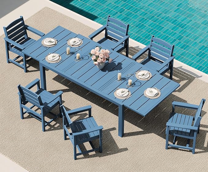 SERWALL 7-Piece Patio Dining Sets, 60" - 83" Expandable Outdoor Dining Table and 6 HDPE Chairs, All Weather HDPE Outdoor Furniture Set for Backyard, Garden, Blue