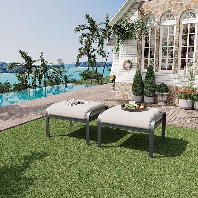 HOMREST Metal Outdoor Ottoman, 2-Piece Aluminum Footstool w/Removable Cushion, Multipurpose Footrest Stool Additional Seating, Set of 2 Outdoor Ottomans for Patio Deck (Beige)