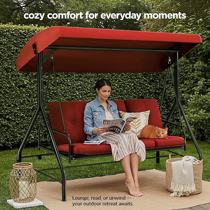Porch Swing - 3-Seat Patio Outdoor Swing with Canopy for Adultes, Convertible Glider Bed, Thick Removable Cushions & Pillows for Backyard, Porch, Garden - Burgundy