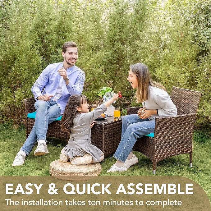 Devoko Patio Porch Furniture Sets 3 Pieces PE Rattan Wicker Chairs with Table Outdoor Garden Furniture Sets (Brown/Blue)