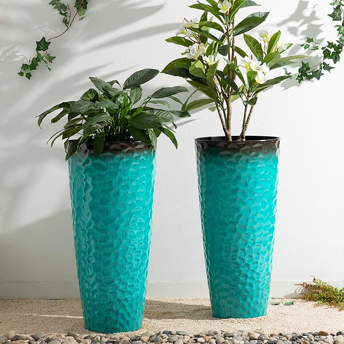 Glitzhome 31" H Oversized Tall Planter, Set of 2 Honeycomb Textured Gradient Turquoise Plastic Tall Outdoor Planters with Drainage Holes, Round Large Flower Pots for Indoor Outdoor Front Door Patio