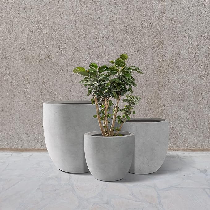 Kante 20",16.5",13.4" Dia Round Concrete Planters (Set of 3), Outdoor Indoor Modern Decorative Plant Pots with Drainage Hole & Rubber Plug for Home & Garden, Natural Concrete