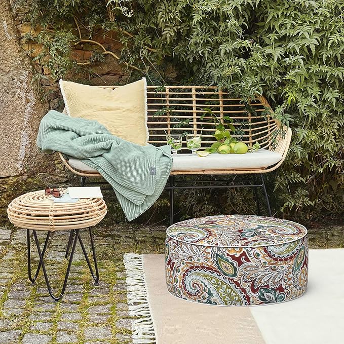 LVTXIII Inflatable Stool Ottoman Footrest with Handle, Decorative Fade-Resistant Foot Stool, Indoor or Outdoor Pouf for Home Garden and Camping Use, D21 x W 21 x H9, Paisley Chilli