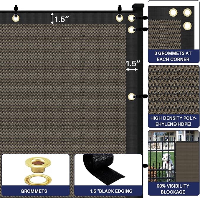 WINDSCREEN4LESS 6' x 9' Privacy Fence Screen in Brown for Chain Link Fence W/ Brass Grommet 85% Blockage Windscreen Outdoor Mesh Fencing Netting 150GSM Fabric W/ Zip Ties - Custom Size