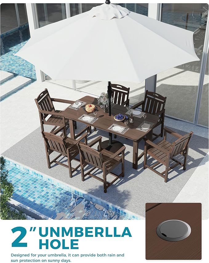 Ciokea HDPE Outdoor Dining Set, 7-Piece Patio Table and Chairs Set with Umbrella Hole, All-Weather Patio Dining Sets for 6, Durable Patio Furniture for Backyard, Garden, Lawn & Poolside, Brown