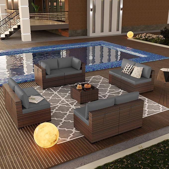 Kullavik 9 Pieces Outdoor Patio Furniture Set PE Wicker Rattan Sectional Sofa Patio Conversation Sets,Grey