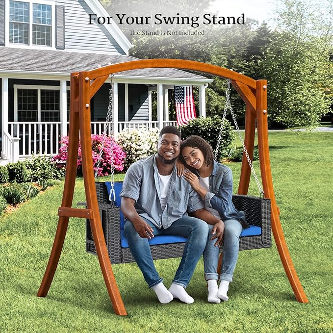 VINGLI Heavy Duty 800 LBS Wicker Hanging Porch Swing with Cushions & Chains, 4FT Outdoor Rattan Swing Bench for Garden, Yard, Lawn (Black+Blue)