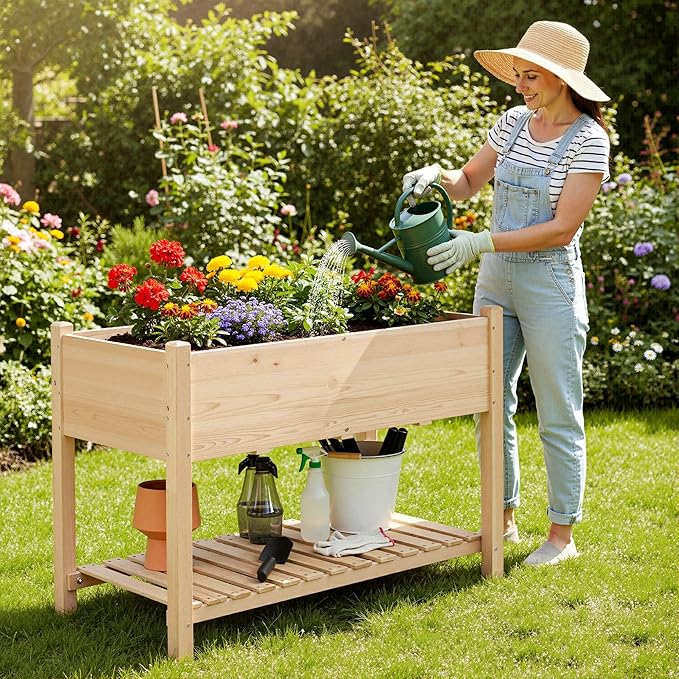 Yaheetech 47x23x32in Wooden Raised Garden Bed with Legs & Storage Shelf Horticulture Wooden Elevated Planter Box Vegetable Growing Bed for Flower/Herb/Backyard/Patio