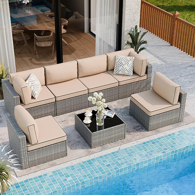 Shintenchi 7 Pieces Outdoor Patio Sectional Sofa Couch, Silver Gray PE Wicker Furniture Conversation Sets with Washable Cushions & Glass Coffee Table for Garden, Poolside, Backyard (Khaki)
