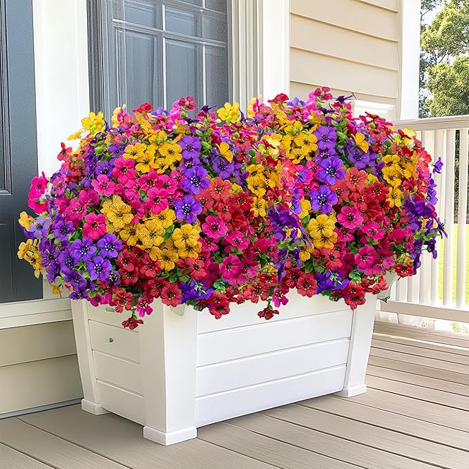 Artificial Flowers for Outdoors Fake Plants - 16 Bundles Faux Outside Greenery Boxwood UV Resistant Plastic Shrubs Decor (Mixed)