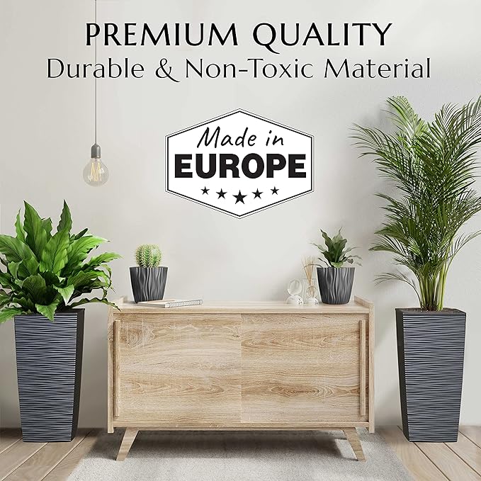 Mueller Janska M-Resin Heavy Duty Tall Planter, Indoor/Outdoor Grande Plant, Tree, Flower Pot, 2-Piece Set, 27.5”, Modern Design, Built-in Drainage, Dark Grey