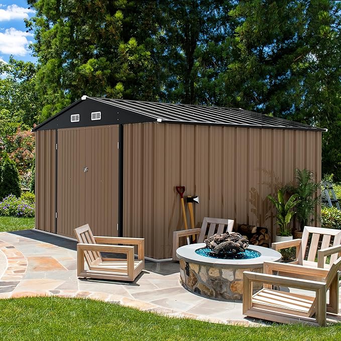 Devoko 10 x 8 FT Outdoor Storage Shed, Metal Garden Sheds & Outdoor Storage Clearance, Large Tool Shed Outdoor with Single Lockable Door for Patio Lawn Backyard (Brown)