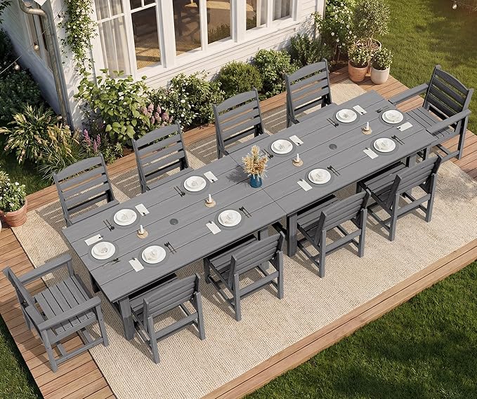 SERWALL Patio Dining Sets for 10 Person, HDPE Dining Set with 2 Tables, 8 Armless Chairs and 2 Armed Dining Chairs, Gray