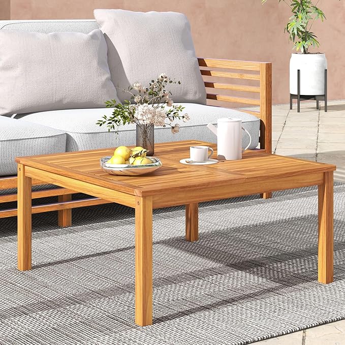 Tangkula Patio Wood Coffee Table, Solid Acacia Wood 35.5 Inches Side Table with Slatted Tabletop, Outdoor Square Table for Backyard, Porch, Balcony