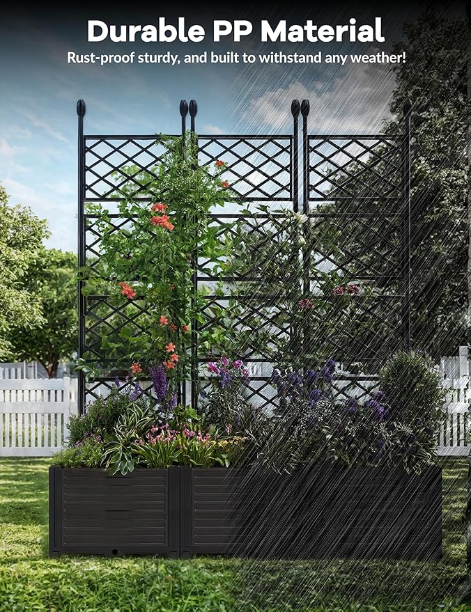 IDEALHOUSE 3 PCS Raised Garden Bed with Trellis, 50" W×63" T Plastic Planter Box with Privacy Screen, Sturdy Lightweight Vertical Garden for Climbing Plants Patio Balcony Backyard