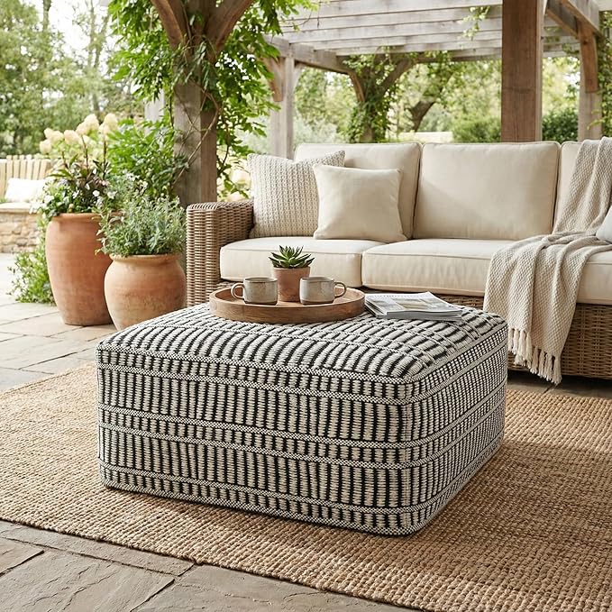 SIMPLIHOME Safford Square Pouf - 20 inch Wide Upholstered PET Polyester Ottoman in Cream White and Deep Black, Boho Indoor/Outdoor Footstool or Extra Seating for Living Room or Patio, Assembled