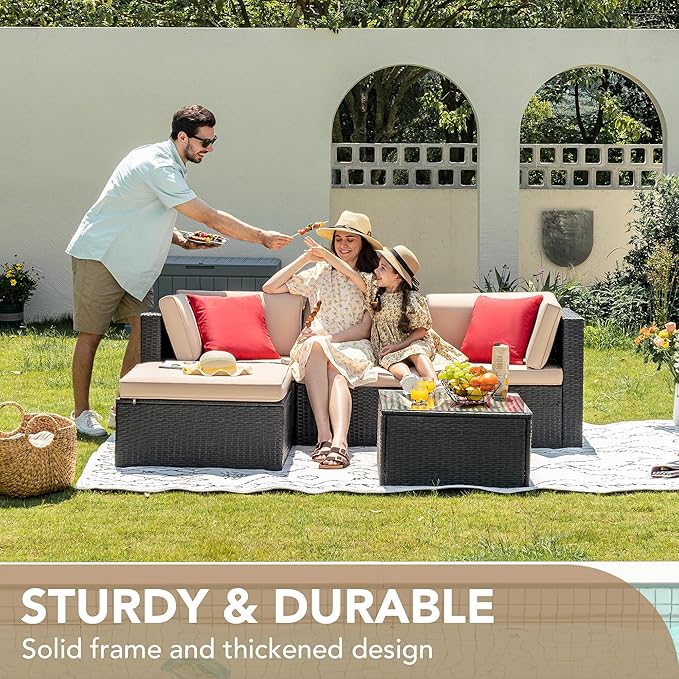 Devoko 5 Pieces Patio Furniture Sets All Weather Outdoor Sectional Patio Sofa Manual Weaving Wicker Rattan Patio Seating Sofas with Cushion and Glass Table (Beige)