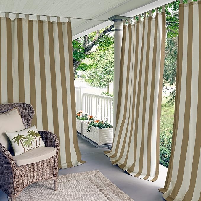 Elrene Home Fashions Highland Stripe Indoor/Outdoor Curtain Panel, 50 inches X 84 inches, Natural