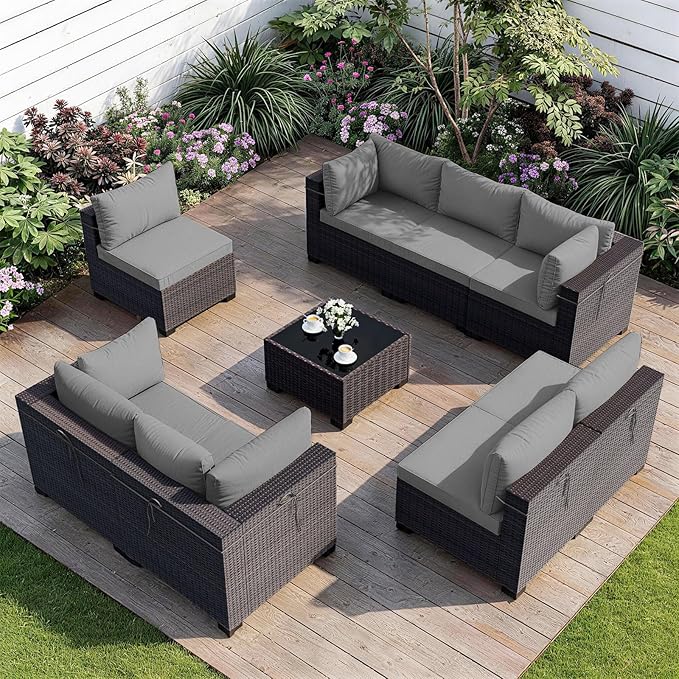 ALAULM Patio Furniture Set with Coffee Table, 9 Pieces Outdoor Sectional with Wide Seat and Thick Cushion, All Weather Wicker Rattan Conversation Set for Backyard, Garden, Deck, Grey