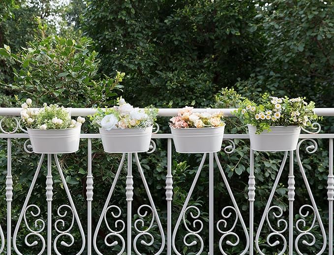 Dahey 10.5 Inch Metal Iron Hanging Flower Pots for Railing Fence Hanging Bucket Pots Countryside Style Outdoor Planter Window Flower Plant Holder with Detachable Hooks Home Decor,White,4 Pcs