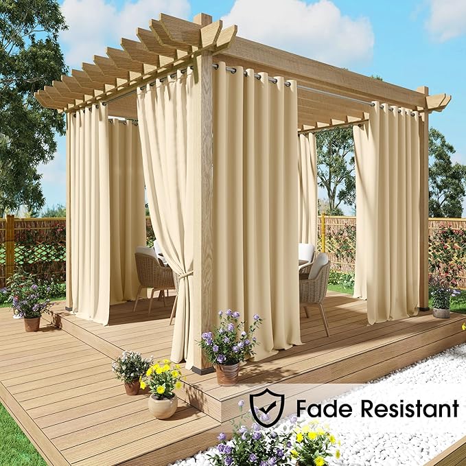 NICETOWN Fade Resistant Outdoor Curtains 2 Panels, Lightfastness Grade 4 Longlasting Waterproof Sun Blocking Thermal Insulated Draperies for Patio, Gazebo, Biscotti Beige, W52 x L96 Inch per Panel