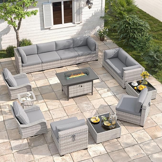 10-Seat Outdoor Wicker Patio Furniture Set with Fire Pit Table, Modular Rattan Sectional Sofa & 2 Swivel Rocking Chairs, 4" Thick Cushions, Rust-Resistant Frame,Gray