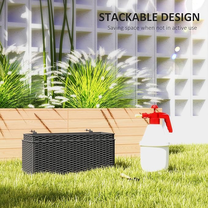 Outsunny Railing Planter Box (2 Pack, 20 Inch), Hanging Flower Pots with Hooks, Drainage Holes for Fence, Balcony, Garden, Patio, Rattan Look, Black