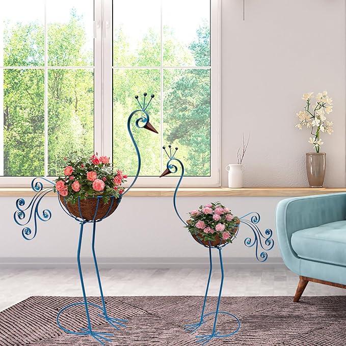 Metal Peacock Planter with Fiber Basket -Garden Bird Planters for Outdoor Indoor Lawn,Yard,Porch,Patio, Garden Decorations（Set of 2）