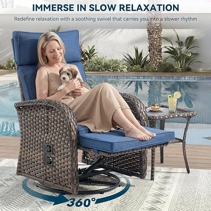 Zero Gravity Patio Swivel Rocking Recliner Chairs Set of 2 - Wicker Outdoor Lounge Chair with Adjustable Backrest & Footrest, All Weather Reclining Rocker Chairs with Thick Cushion for Pool Deck Blue