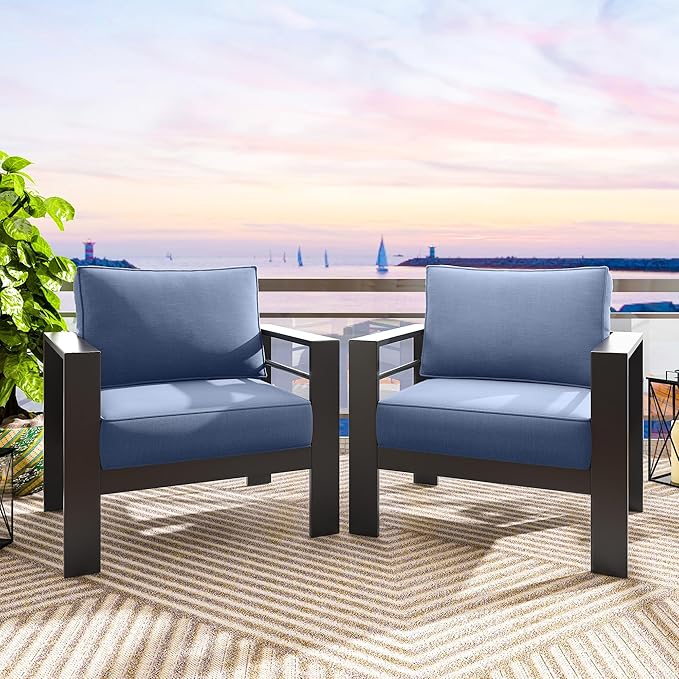 Solaste Patio Furniture Metal Armchair, 2 PCS All-Weather Aluminum Garden Outdoor Contemporary Sofa Chair with Cushions, Blue