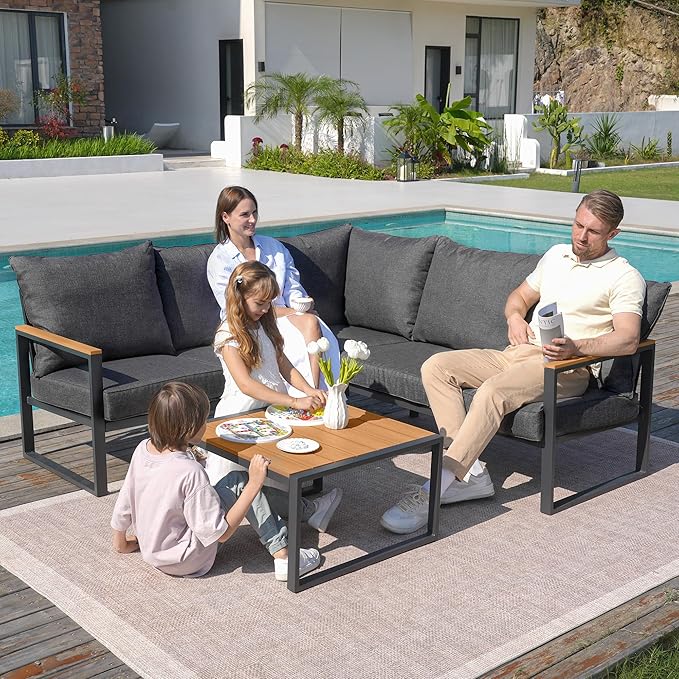 Metal Patio Furniture Set, 6 Pieces Outdoor Sectional Sofa Set with Side Table, L Shape Patio Conversation Set with Faux-Wood Tabletop, Outdoor Couch for Balcony, Porch, Backyard, Grey